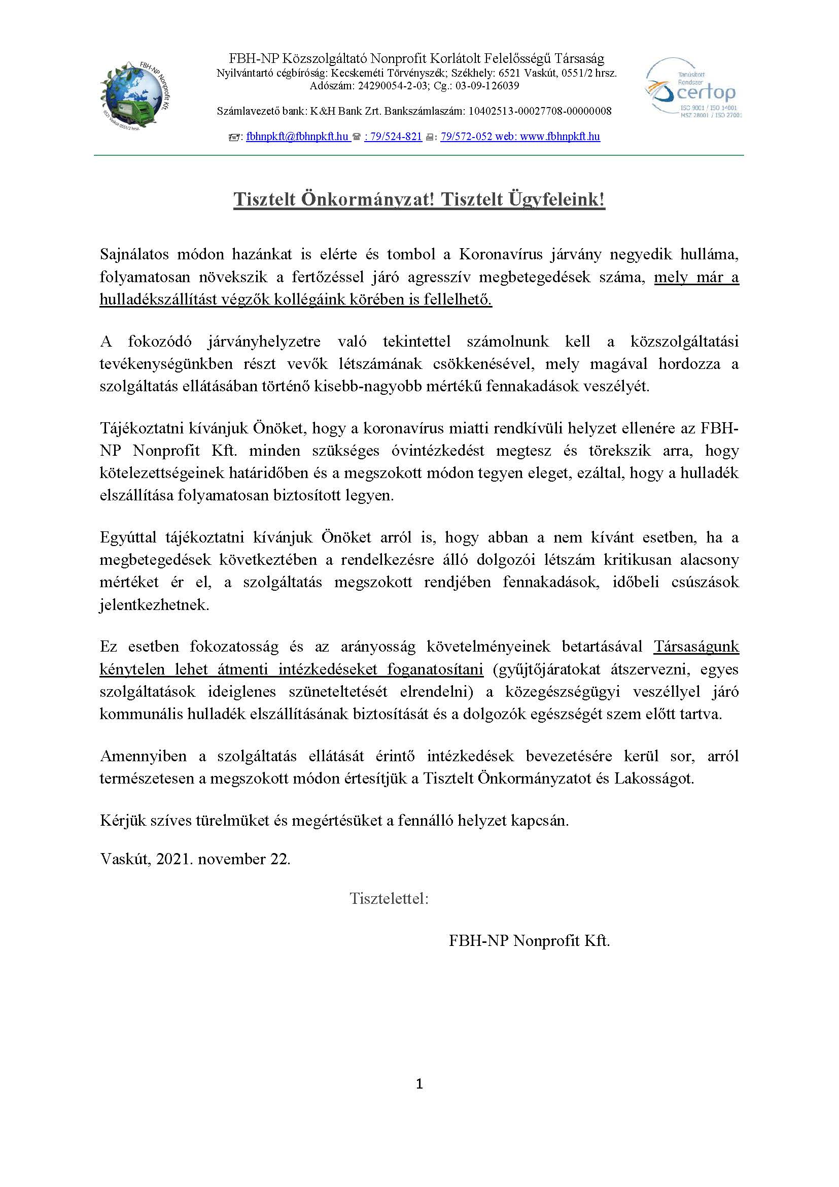 FBH-NP Nonprofit Kft. tájékoztatója